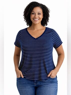 LuLaRoe Navy Blue Striped Christy T Top